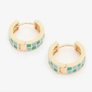 Gold Checkered Huggie Earrings, Blue-Green Color, Jewelry Accessory