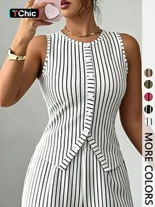 1 Piece ONLY TOP Sleeveless Striped Crew Neck Button Slim-fit Fitted Tank Top, Elegant Office Style, Elegant Sleeveless Cami, Camisole Tops