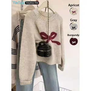 Women’s plus-size knitted sweater, beautiful ribbed round-neck pullover, fall and winter casual long-sleeve top, butterfly pattern, loose casual jumper
