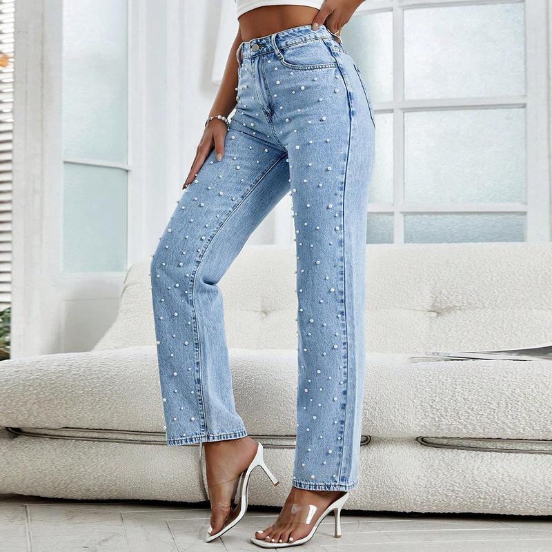 Elegant Women's Straight Leg Pearl Jeans Baggy High Waisted Casual Boyfriend Sparkly Denim Pant Trouser Middle Wash Cotton Blend