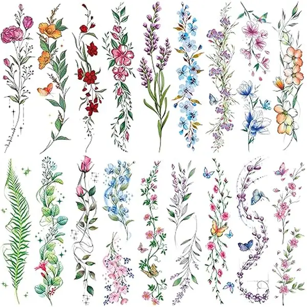 24 Sheets Watercolor Temporary Tattoos For Women Girls | Colorful Flower Lavender Rose Vine Forget-me-not Plum Blossoms Wild flowers Realistic Waterproof Tattoo Stickers Body Art