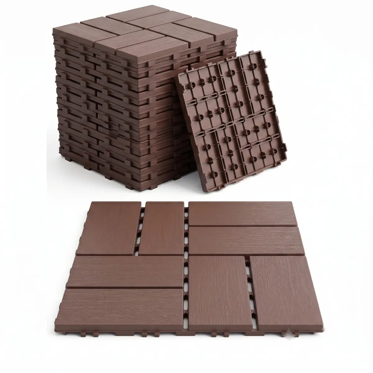 HDPP Plastic Interlocking Deck Tiles Box Set, 44-Pack 12"x12" Heavy-Duty Waterproof Non-Slip Outdoors Flooring, All-Weather Drainable Snap-Together Decking for Poolside, Porch, Brown