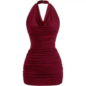 Women's Backless Halter Cowl Neck Dress Summer Party Ruched Bodycon Mini Dresses