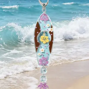 Cute Surfboard Keychain with Hibiscus Flower, Tropical Summer Bag Charm, Hawaiian Style Acrylic Key Ring, Beach Lover Gift for Friends Summer Surfboard Bag Charm Keychain, Hawaiian Hibiscus Acrylic Pendant, Aesthetic Beach Accessory