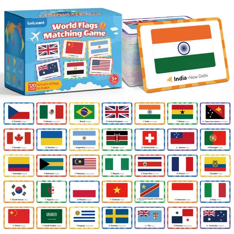 120PCS Cardboard World Flags Memory Matching Game Flash Cards - Color-Coded Geography Learning Tool, Countries & Capitals Educational Toy, Recall-Boosting Fun for All Ages, 3+ Years Preschool Learning (Kenya, Algeria, Samoa)