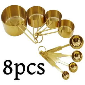 8 pcs Gold Measuring Cups and Spoons Set Stackable Long Handle Fits Narrow Jars Rust-Proof for Baking & Cooking Kitchen Accessories