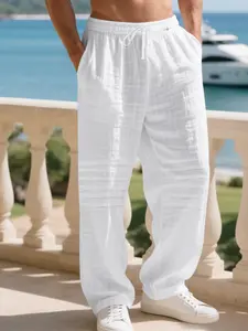 Men's Plain Linen Elastic Waist Drawstring Straight Leg Pants, Casual Sports Pants, Folded Design, Classic Casual Vacation Style, Essential Men's Wardrobe, Menswear