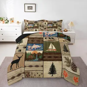 Feelyou Retro Brown Cabin Comforter Set - Multi-Size Patchwork Print Polyester Fiber Bedding, U-Stitching Rustic Lodge Farmhouse Design with Woodland Bear Deer, Travel Ready Boys' Quilt Set
