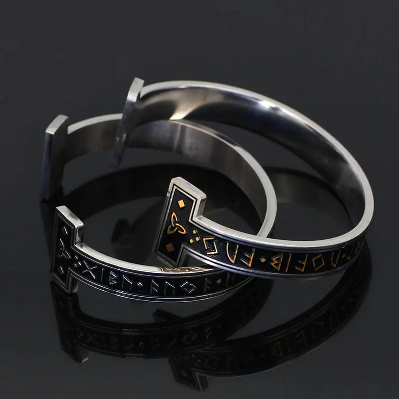 GTHIC Celtic Knot Runes Stainless Steel Viking Cuff Bracelet Norse Accessories for Daily Wear