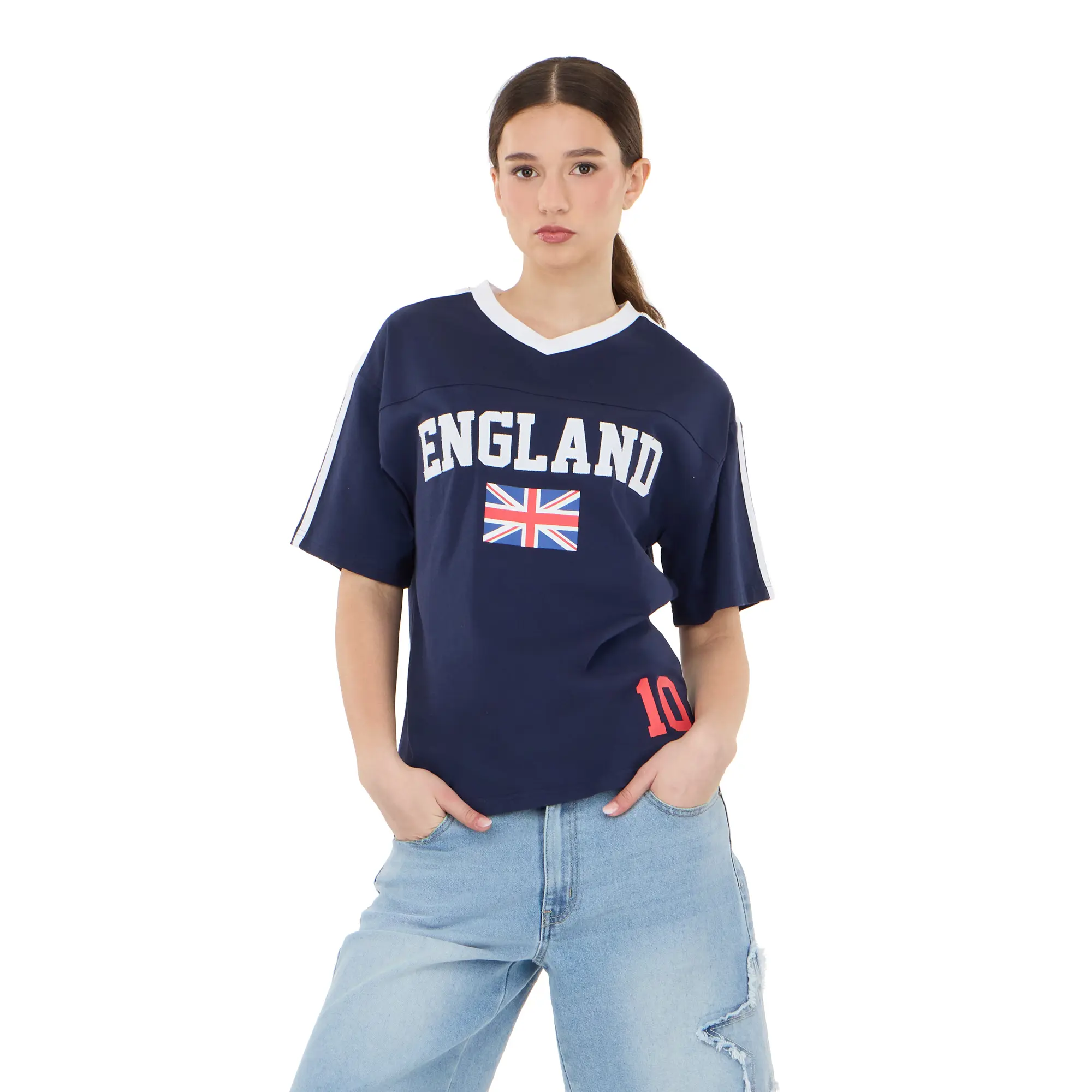 Forever 21 Women's Oversized V-Neck Graphic Jersey Tee, Soft Sporty Short-Sleeve Statement Top, Shortsleeve, Casual