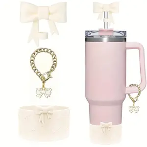 Silicone Cup Accessories Set, 3 Counts/set Including Bow Straw Cover, Protective Bottom Sleeve & Chain, Reusable Cup Accessories for 40oz/30oz Tumbler Cups, Drinkware