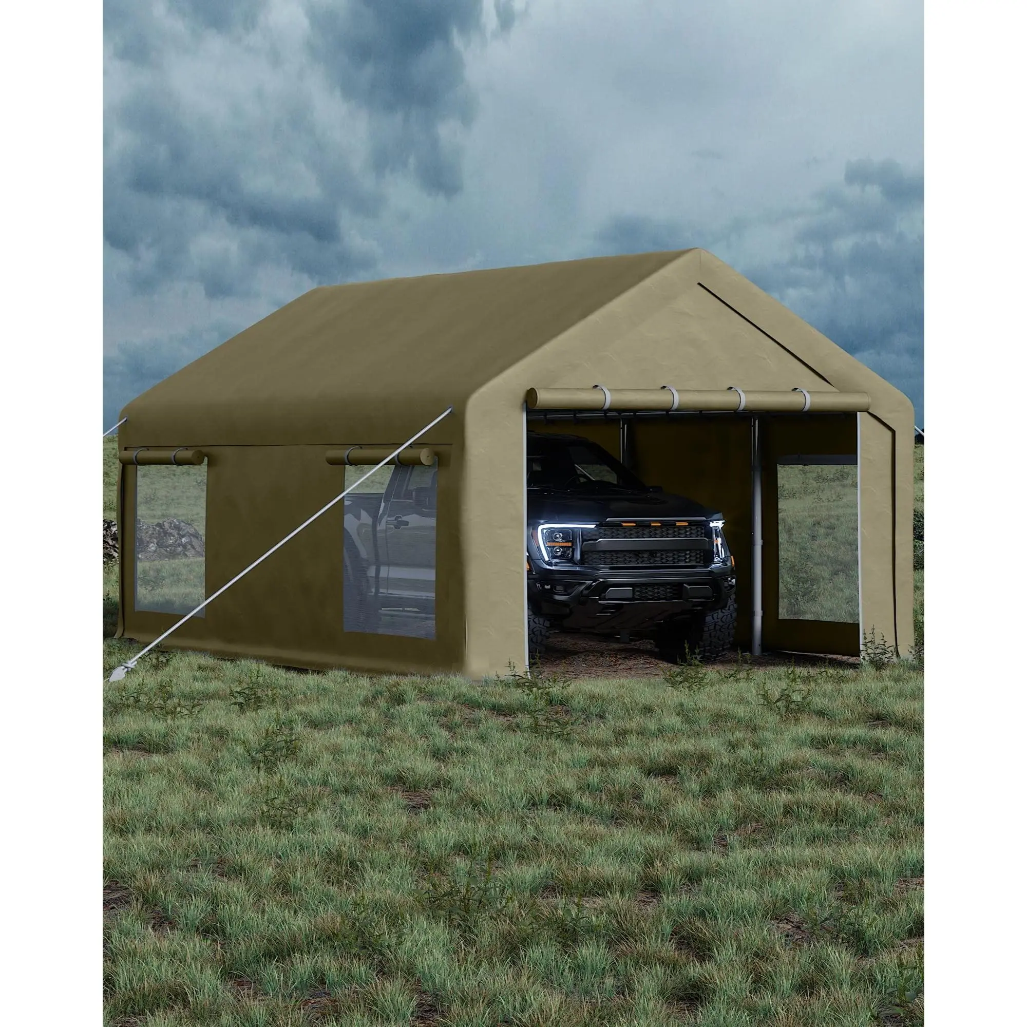 Heavy Duty 12x20 ft Portable Carport, Outdoor Storage Shelter with 200g PE Tarp Canopy, 2 Roll-Up Doors and 4 Windows – Perfect for Pickups, SUVs, Boats or Events