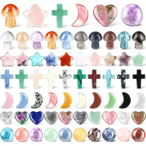 60 Pcs Worry Stones Bulk Heart Mushroom Cross Moon Star Round Shaped Healing Crystal Gemstone Pocket rocks for Balancing Meditation Easter Mother's Day Gift