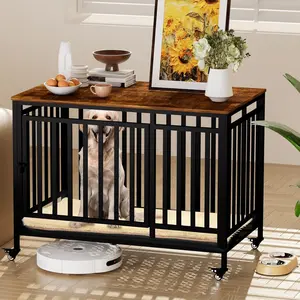 37.8" Heavy Duty Dog Crate Furniture, Dog Kennel Indoor, Anti-Chew Anti-Escape with Bed Crate Pad End Side Table Wooden Dog Crate for Medium Dog