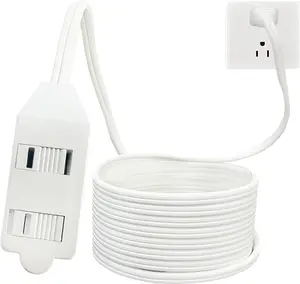 3-Outlets Flat Extension Cord, Power Strip with Safety Cover, UL Listed 16/2 SPT-2 Outlet Extender, 2 Prong 16 Gauge 10FT White Indoor Extension Cord