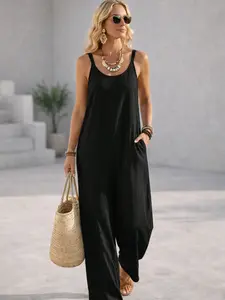 Loose Fit Jumpsuit for Women – Wide Leg Sleeveless Casual Summer Romper Comfy Vacation Outfit with Pockets