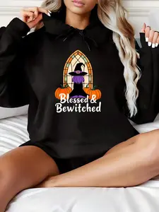Women'S Black Halloween Witch Hoodie with "Blessed & Bewitched" Text & Witch Broomstick Design - Cozy Fall Winter Pullover Sweatshirt for Costume Parties, Casual Outfits, Ideal Spooky Gift for Women Fleece Womenswear