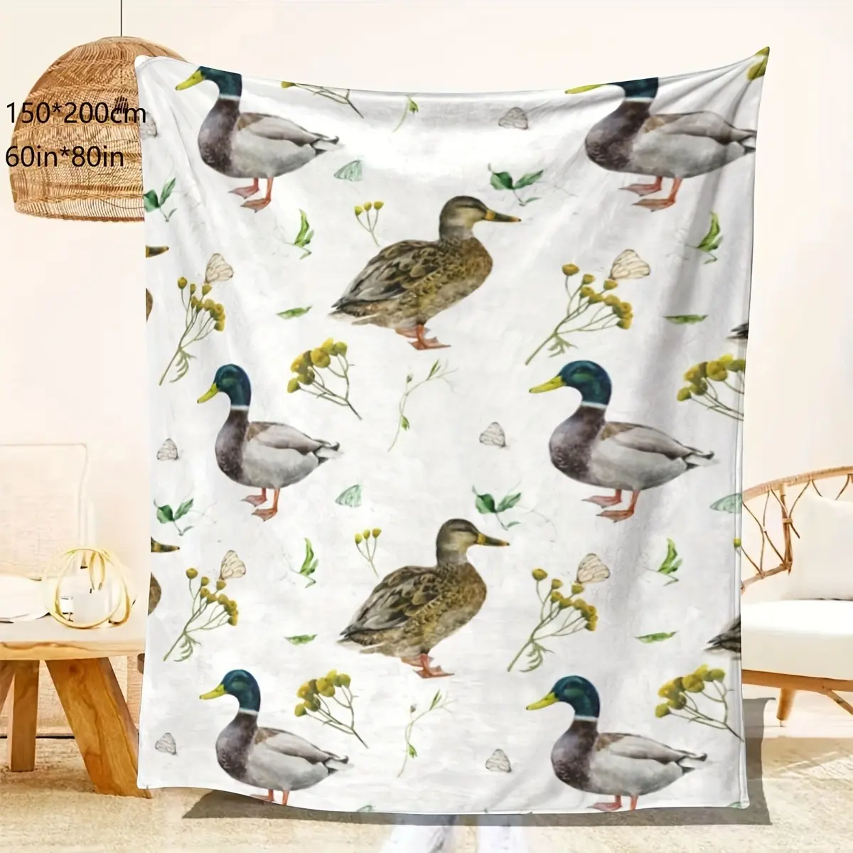 Vintage Watercolor Mallard Duck Botanical Flannel Blanket - Flannel Fabric, Multi-Size, Warm Texture, Soft Fuzzy Plush, Rustic Look Home Decor, Ideal Gift for Duck Lovers, Cabin Bedroom Sofa Throw