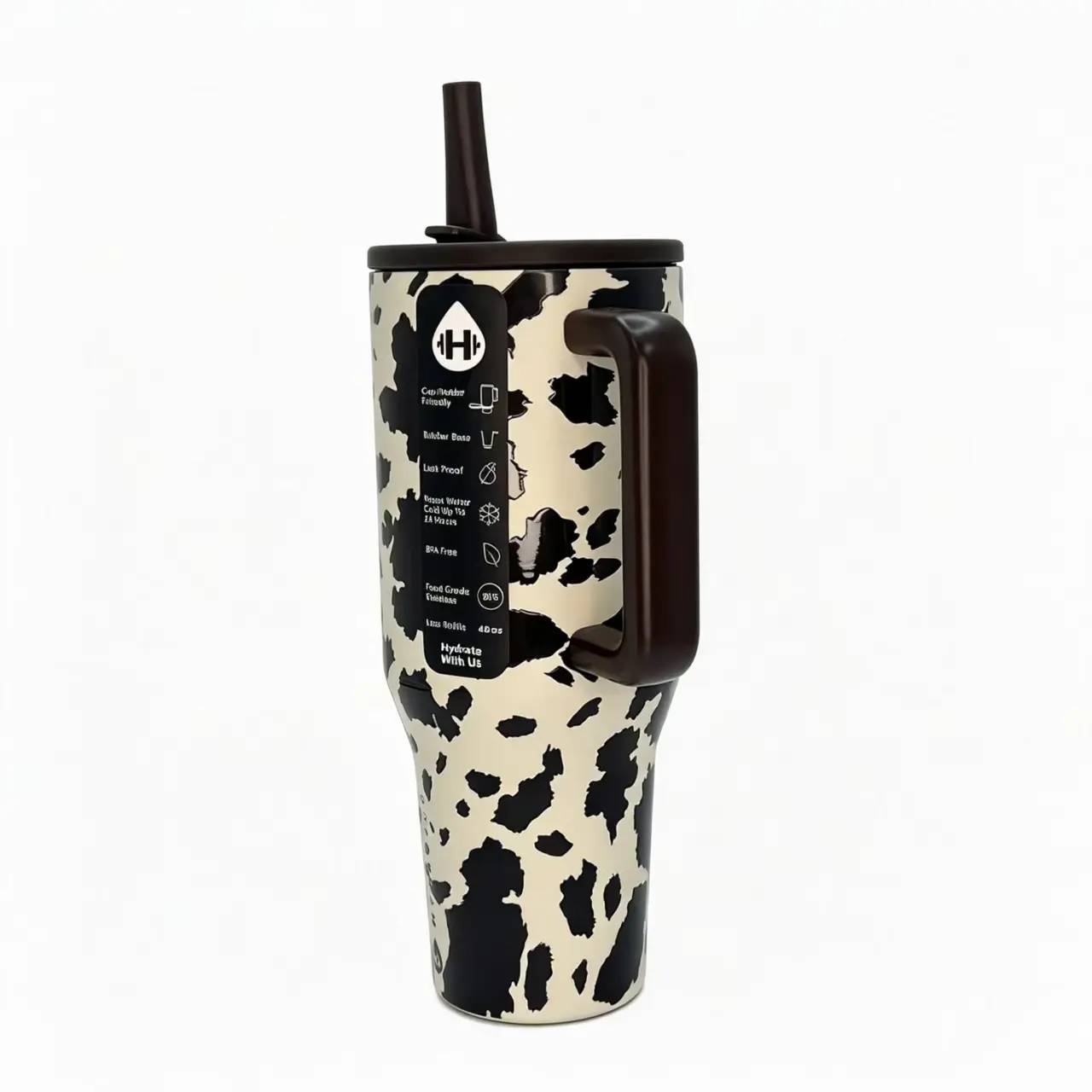 HydroJug 40oz Black-White Cow Spotted Insulated Tumbler Drinkware - Food-Grade 18/8 Stainless Steel Flask with Ergonomic Handle for Car, Gym, Flasks rodeo heavy metal lover gift friend summerwins usa 250th anniversary aesthetic water bottle