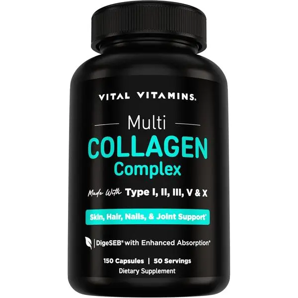 Vital Vitamins Multi Collagen Peptides Capsules for Women & Men - Type I, II, III, V, X Collagen Supplements - Grass-Fed, Non-GMO - 150 Pills