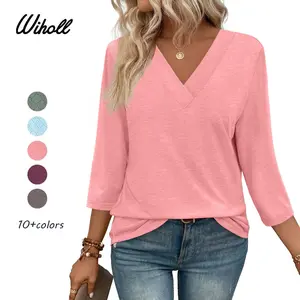 WIHOLL 3/4 Length Sleeve Womens Tops V Neck Casual Tunic Tops Basic Shirts Loose Fit Blouse
