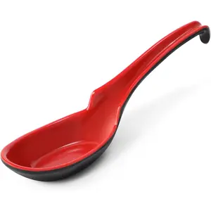 12 PACK Melamine Asian Soup Spoons, Large Long Handle Spoon for Soba Pho Ramen Noodle, Notch and Hook Style, Red & Black