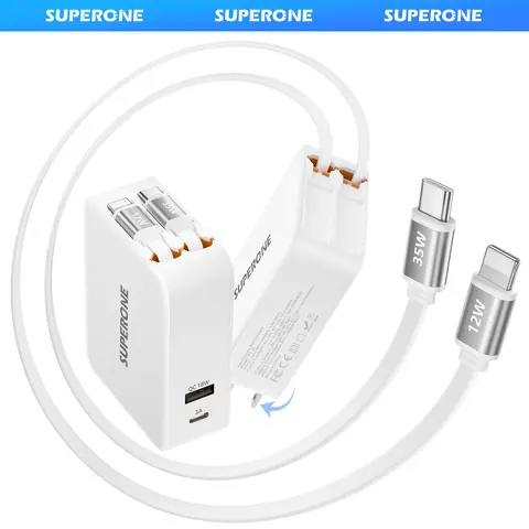 SUPERONE 4-in-1 Retractable USB Universal Charger Set (3 Pcs) - US Plug, 90cm Length Multi-Charging Cable Chargers, 62W PD-35W Super Fast Charging, for Cellphones, Electronic Devices, Travel Use