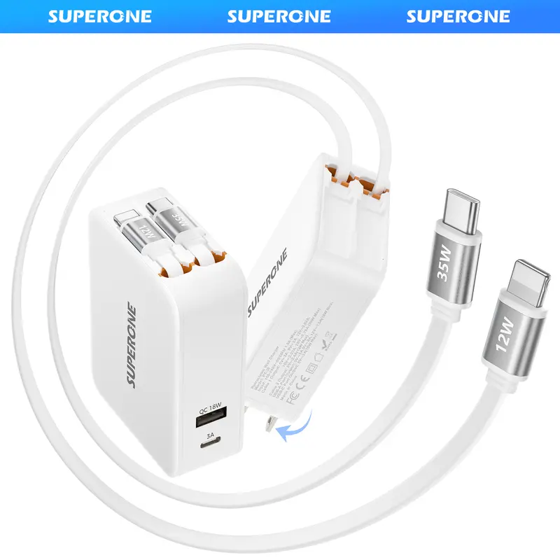 SUPERONE 4-in-1 Retractable USB Universal Charger Set (3 Pcs) - US Plug, 90cm Length Multi-Charging Cable Chargers, 62W PD-35W Super Fast Charging, for Cellphones, Electronic Devices, Travel Use