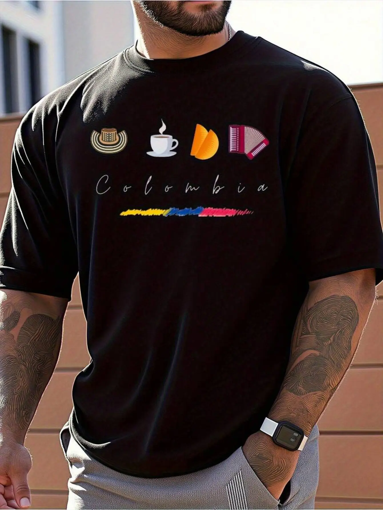 Men'S Relaxed Fit Short Sleeve Tee - Lightweight And Airy Summer Shirt, Showcasing Colombian Flag And Coffee Culture Design, Ideal for Travel, Outdoor Activities, And Everyday Use