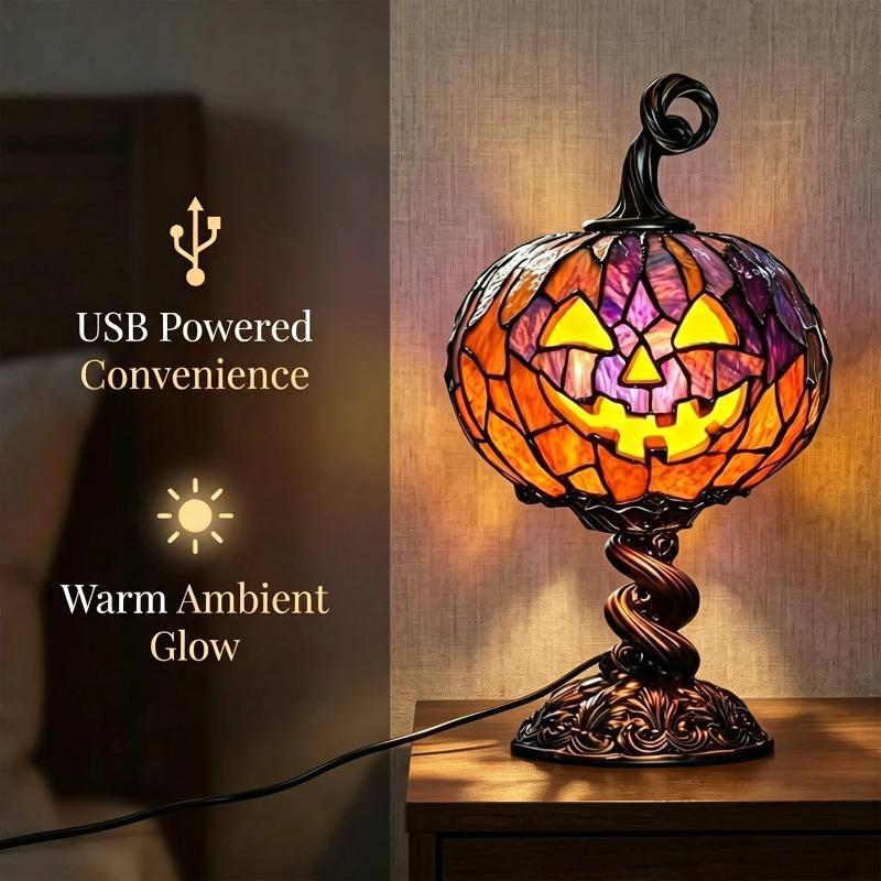 Halloween Christmas Stained Glass Pumpkin Table Lamp, Vintage Tiffany Style Jack O Lantern Pumpkin Night Light, Retro Decorative Desk Lamp for Holiday Party Home Bedroom Dining Table Ornament Gift, holloween decor