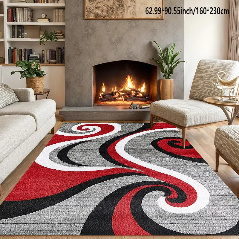 1PC Abstract Art Red, Black and Grey Swirl Area Rug, Modern Minimalist Dynamic Geometric Design, Non-slip, Machine Washable & Easy to Maintain, Trendy Home Decor Rug Mat for Living Room and Bedroom