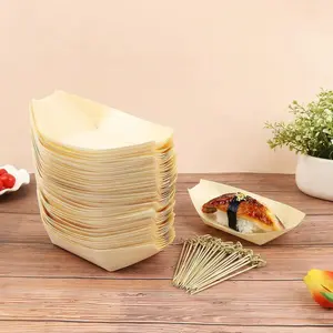 Disposable Wooden Boat Tray with Bamboo Skewers, Eco-Friendly Biodegradable Kitchen Utensils Set, Ideal for Snacks, Sushi, Desserts, BBQ, Buffet Parties