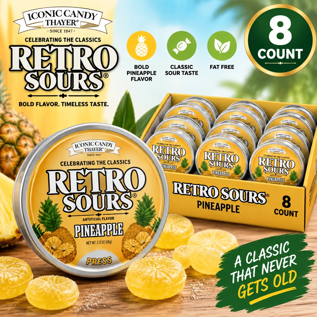 Retro Sours Pineapple Sugar Hard Candy 2.12 oz 8 Count Tray Sweet and Sour Fruit Candy