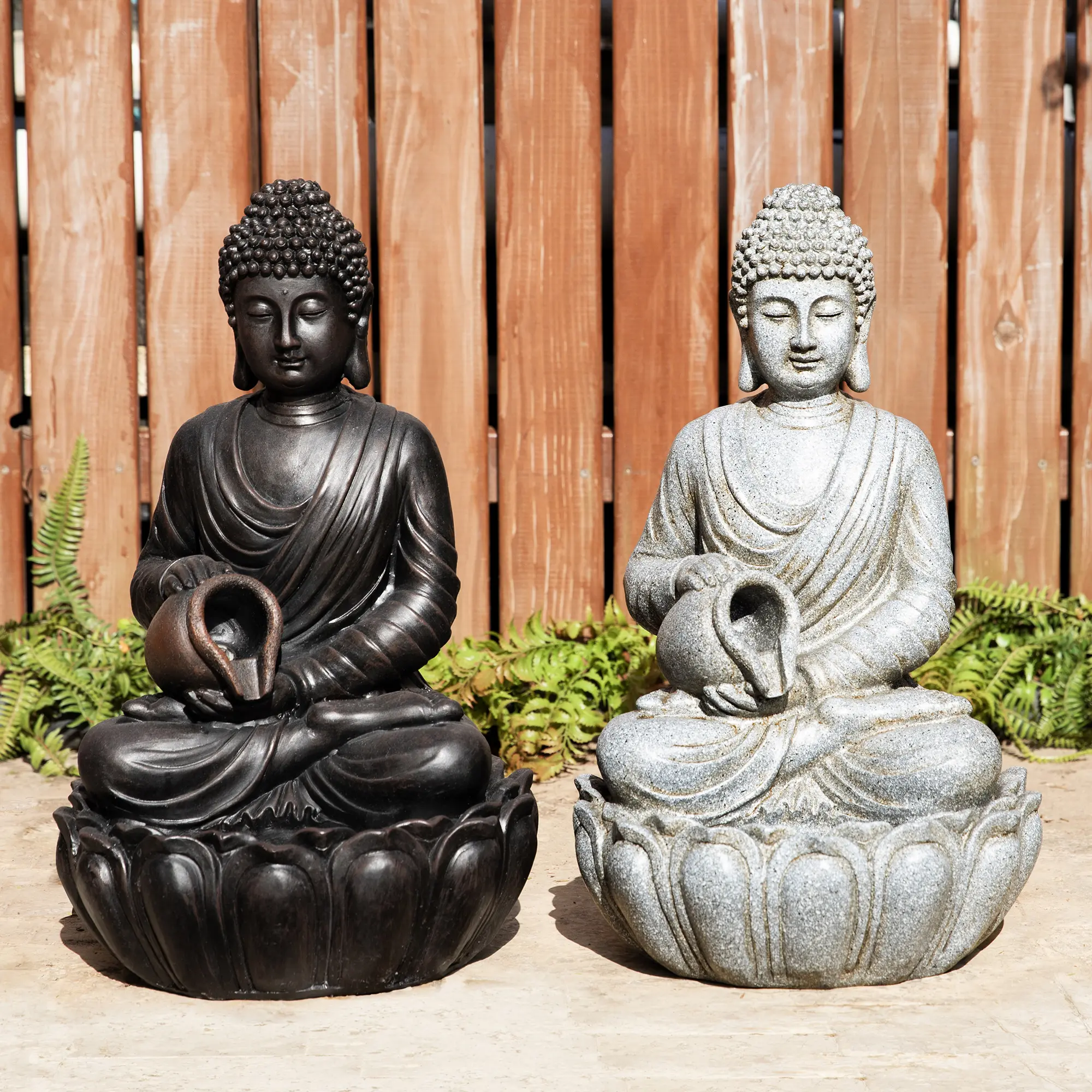 Glitzhome 20.5"H Zen-Style 2-Tiered Buddha Statue Polyresin Outdoor Fountain with Pump and LED Light (KD)