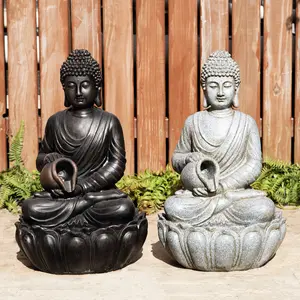 Glitzhome 20.5"H Zen-Style 2-Tiered Buddha Statue Polyresin Outdoor Fountain with Pump and LED Light (KD)