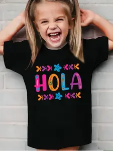 Girls' Hola Fiesta T-Shirt, Colorful Cartoon Print, Fun Design, Vibrant Prints, Comfortable Soft Fabric, Casual Kids Clothing, Vibrant Style, Fitted Design, Funny T Shirts