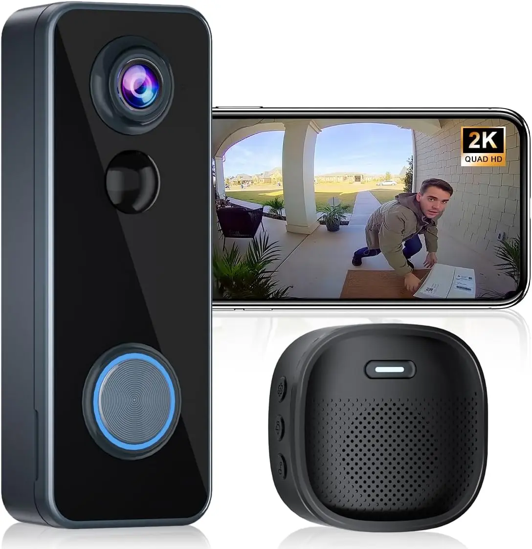 Wireless Doorbell Camera with Chime, 2K HD Live View, Head-to-Toe Video, Battery-Powered, 2-Way Talk, Motion Alerts, No Subscription, 2.4G WiFi, Alexa & Google Home Compatible Home Security Device