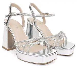 Silver Rhinestone Platform Heels – Sparkly Block Heel Sandals for Prom, Party & Events