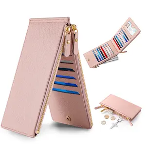 VTLASK Slim Pebbled Leather Card Holder for Women – 15 Card Slots with Zipper Cash Pocket, RFID Blocking Minimalist Bifold Wallet – Elegant Mini Card Holder