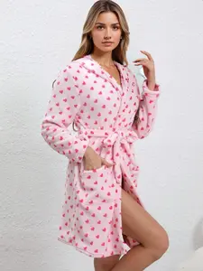 Women's Hooded Plush Pajama Set with Belt, Heart Print Sleepwear for Fall & Winter, Warm Short Sleeve Loungewear for Home Use Homewear