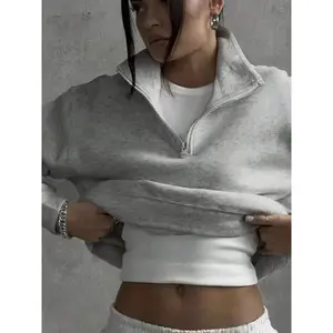 Women's Plain Half Zip Drop Shoulder Fuzzy Lounge Sweatshirt, Casual Long Sleeve Stand Collar Pullover for Spring & Fall, Ladies Sleepwear for Indoor Wear