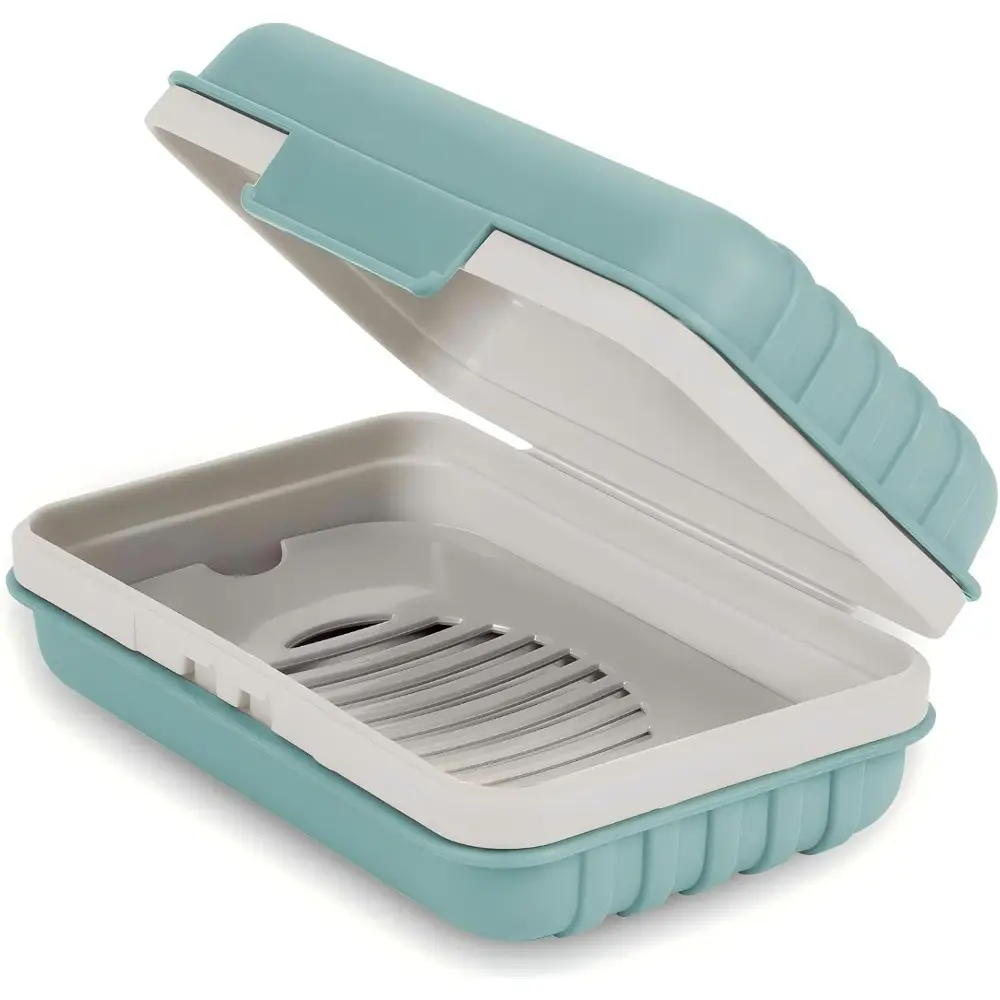 Quatish Plastic 2-Layer Rectangular Soap Saver Dish with Lid - 1 Pack, Multifunctional, Portable, Waterproof, Leak-Proof, Durable, 4.7" L x 3.0" W x 2.0" H, Removable & Washable Water-Draining Holder for Shower, Travel