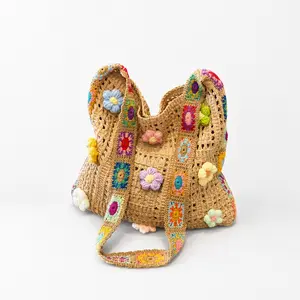 Crochet Tote Bag for Women Handmade Knit Shoulder Handbag Floral Granny Square Bag Casual Shopper Purse Beach Tote Bag Work Tote Bag School Tote Bag Travel Carryall Wide Strap Bag for Ladies Teens College Students Travel Shopping Daily Use Cute Gift Bag