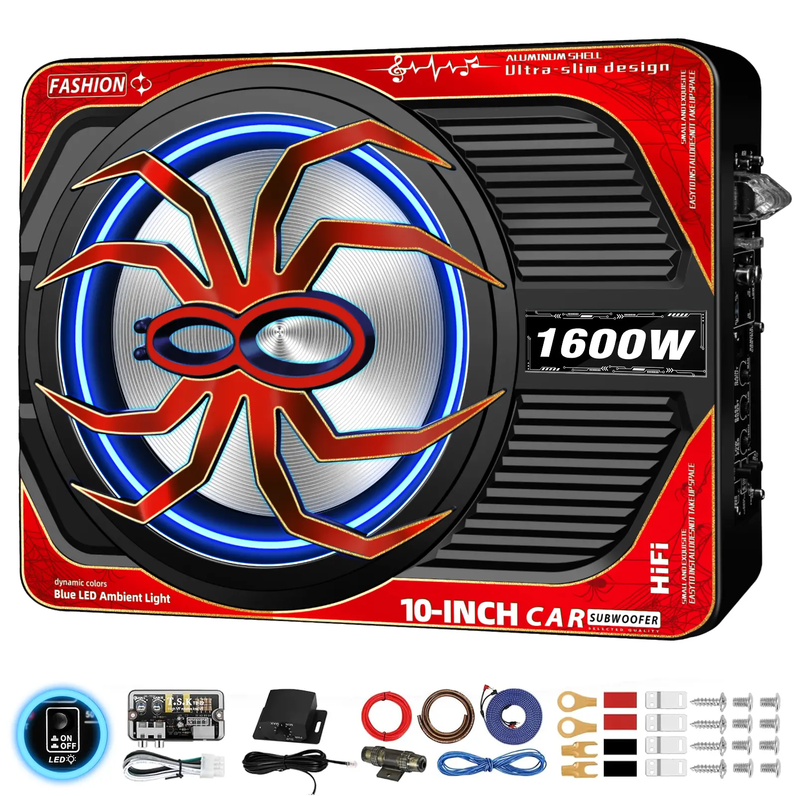 TANVSO 1600W Slim Underseat Powered Car Subwoofer-Amplifier Package, Built-in Class D Amplifier, Subsonic Deep Bass, LED Ambient Light Switch for Trucks, SUVs Car Audio Bundle Car Audio Speaker installation