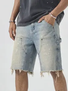Men's Summer Washed Colorful Ink Splatter Ripped Denim Shorts, Loose Fit Straight Leg Streetwear Hip Hop Half Pants