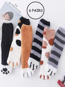 6 Pairs Cat Paw Plush Socks, Cute Animal Design, Soft, Thick and Warm Winter Footwear, Unisex Comfortable Socks for Daily Wear Women Fitted