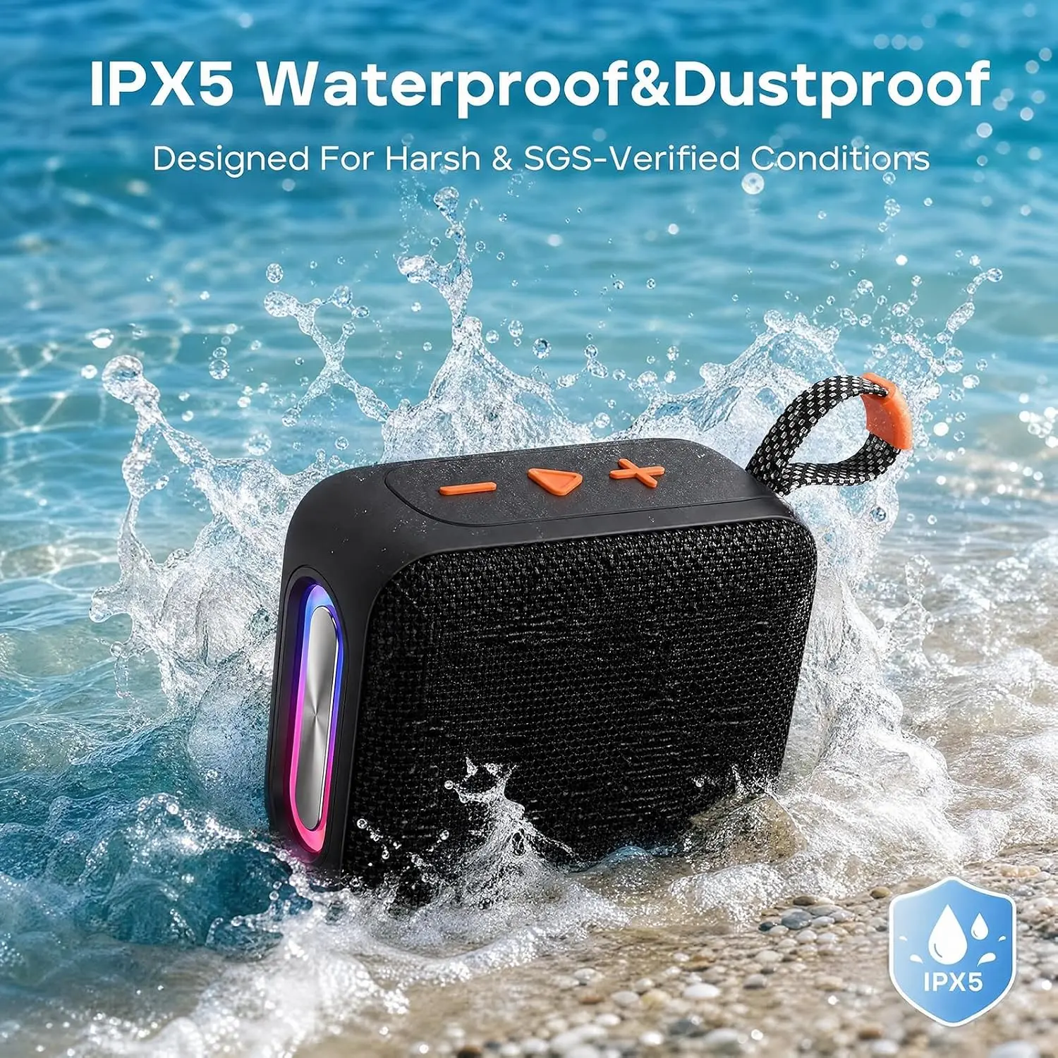 TG487 Small Portable Speaker, IPX5 Waterproof Ourdoor Boombox with USB Input | 16W TWS PEAK, AI-tuned clear audio, dynamic RGB lights. FM radio & woven lanyard. Ideal for pool, patio, ebike travel.