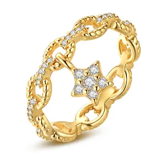 MULA Women's Celestial Motif Ring - 925 Silver-Plated Classic Silver, Gold Plated, Cubic Zirconia Chain Ring - Ideal Gift for Women on Special Occasions, Gold Plated Rings, Cubic Zirconia Rings