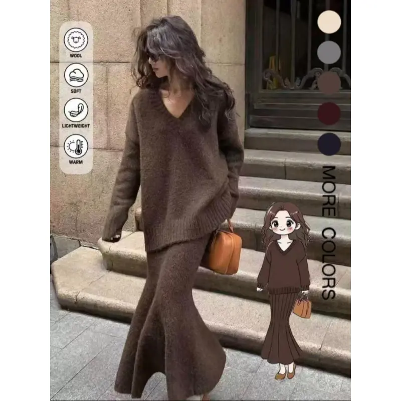 Women's 2 Piece Knit Sweater Set - Solid V-Neck Longsleeve Pullover and Skirt, Relaxed Fit Casual Wear for Fall, Hand Wash Only, Longsleeves, 2 Piece Set, Loose-Fit
