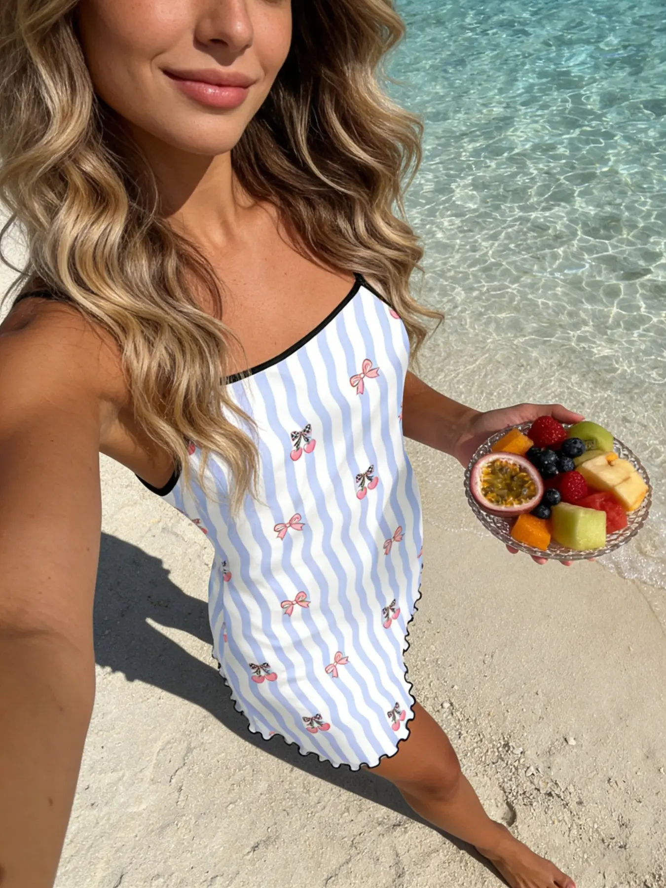 Blue Striped Cherry Bow Print Sleeveless Nightdress, Wave Hem Trim, Casual Fitted Sleepwear Loungewear Womenswear for All Seasons